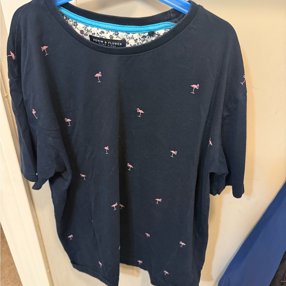 Denim & Flower Ricky Singh Blue Shirt with Pink Flamingos Size medium slim fit